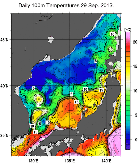 日本海の深さ100mの水温分布図（9月29日）