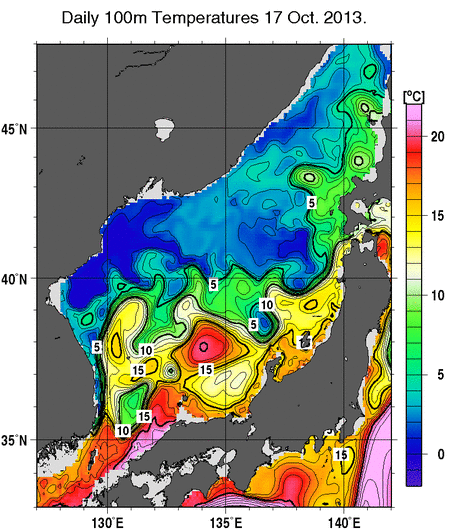 日本海の深さ100mの水温分布図（10月17日）