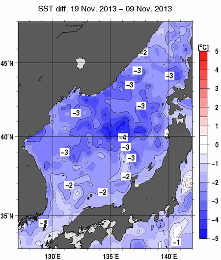 日本海の10日間の海面水温変化量分布図（11月19日）