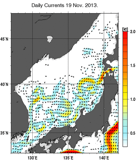 日本海の深さ50mの海流分布図（11月19日）