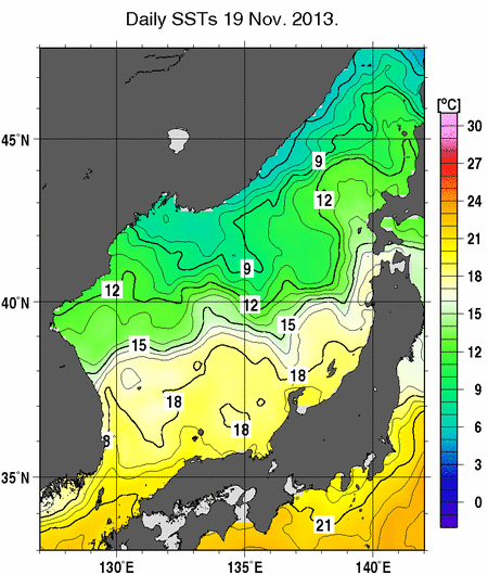 日本海の海面水温分布図（11月19日）