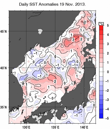 日本海の海面水温平年差分布図（11月19日）
