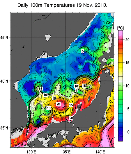 日本海の深さ100mの水温分布図（11月19日）