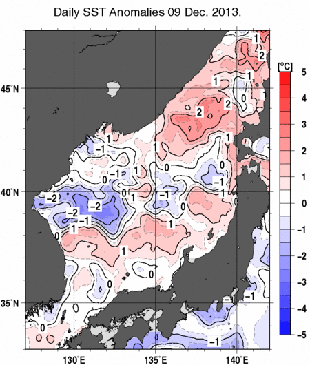 日本海の海面水温平年差分布図（12月9日）