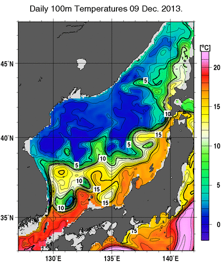 日本海の深さ100mの水温分布図（12月9日）