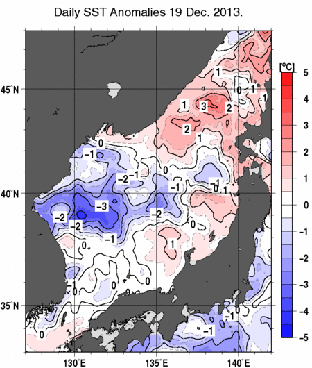 日本海の海面水温平年差分布図（12月19日）
