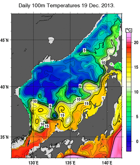 日本海の深さ100mの水温分布図（12月19日）