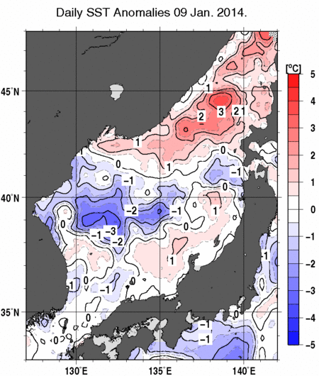 日本海の海面水温平年差分布図（1月9日）