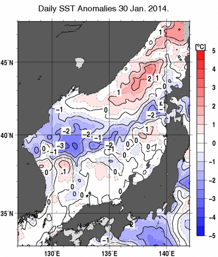 日本海の海面水温平年差分布図（1月30日）