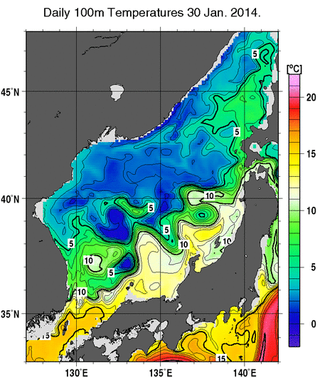 日本海の深さ100mの水温分布図（1月30日）