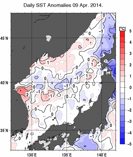 日本海の海面水温平年差分布図（4月9日）