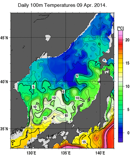 日本海の深さ100mの水温分布図（4月9日）