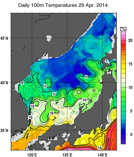 日本海の深さ100mの水温分布図（4月29日）