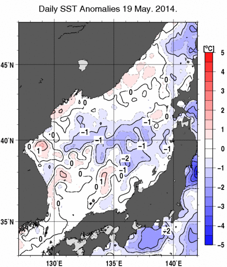 日本海の海面水温平年差分布図（5月19日）