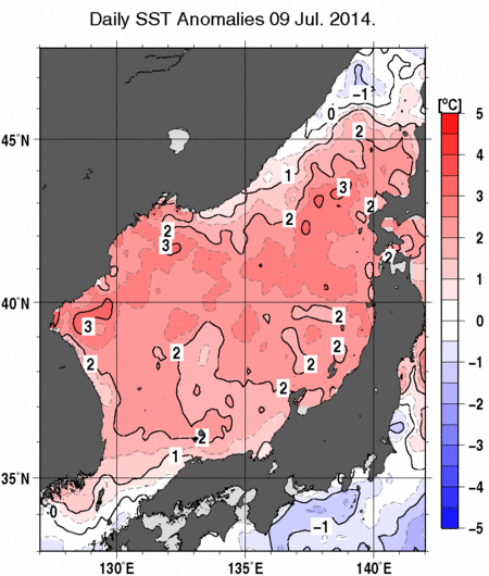 日本海の海面水温平年差分布図（7月9日）