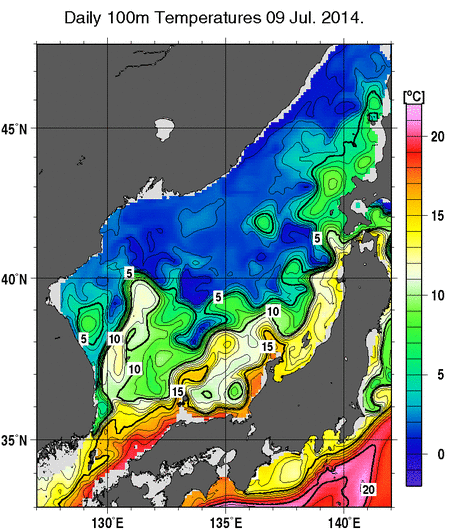 日本海の深さ100mの水温分布図（7月9日）