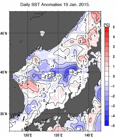 日本海の海面水温平年差分布図（1月19日）
