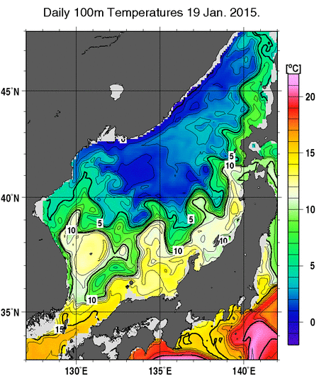 日本海の深さ100mの水温分布図（1月19日）