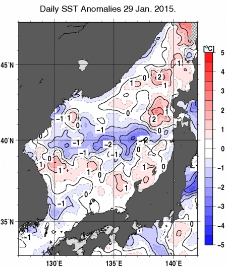 日本海の海面水温平年差分布図（1月29日）