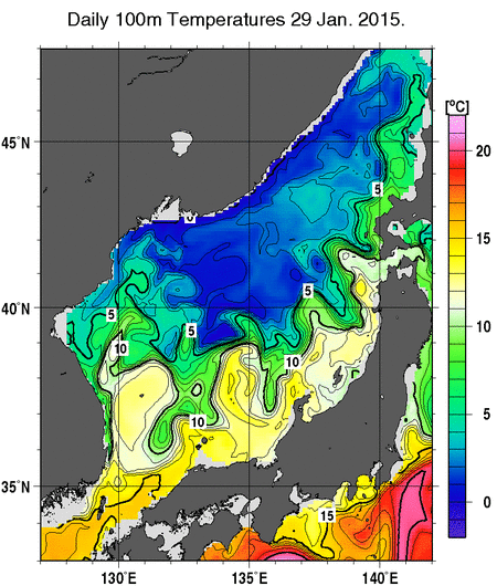 日本海の深さ100mの水温分布図（1月29日）