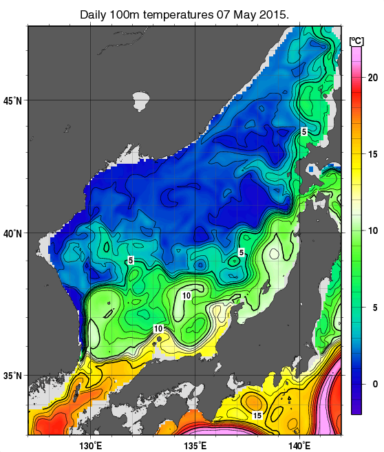 日本海の深さ100mの水温分布図（5月7日）