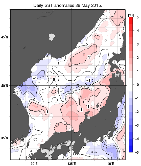 日本海の海面水温平年差分布図（5月28日）