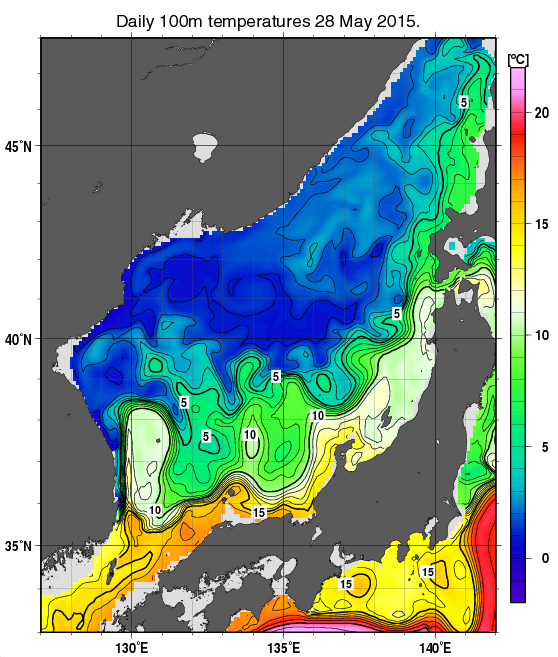 日本海の深さ100mの水温分布図（5月28日）