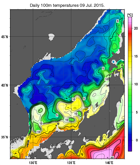 日本海の深さ100mの水温分布図（7月9日）
