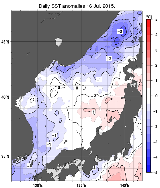 日本海の海面水温平年差分布図（7月16日）