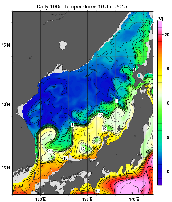 日本海の深さ100mの水温分布図（7月16日）