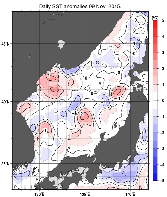 日本海の海面水温平年差分布図（11月9日）