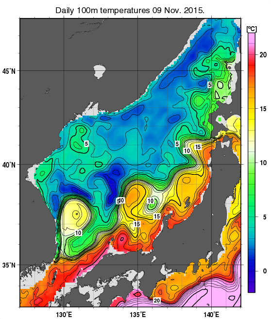 日本海の深さ100mの水温分布図（11月9日）