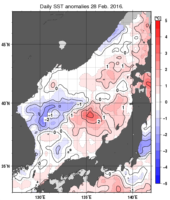 日本海の海面水温平年差分布図（2月28日）