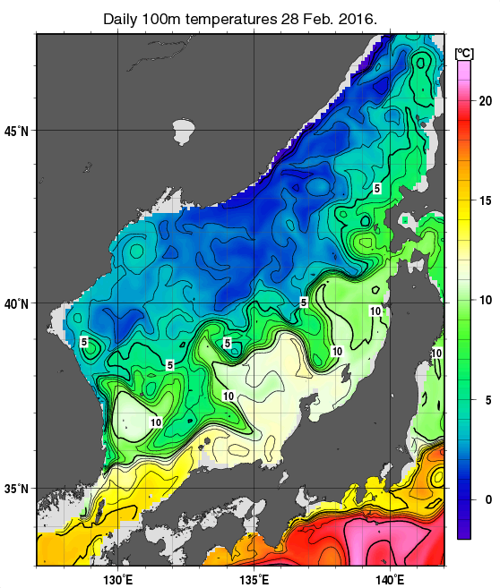 日本海の深さ100mの水温分布図（2月28日）