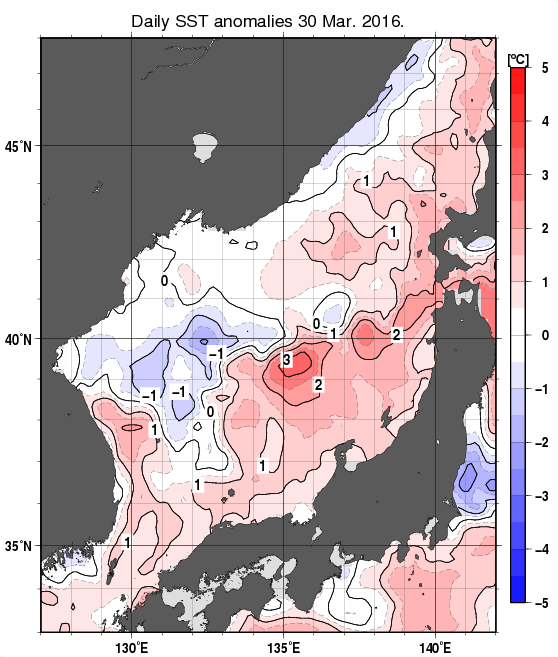 日本海の海面水温平年差分布図（3月30日）