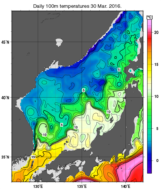 日本海の深さ100mの水温分布図（3月30日）