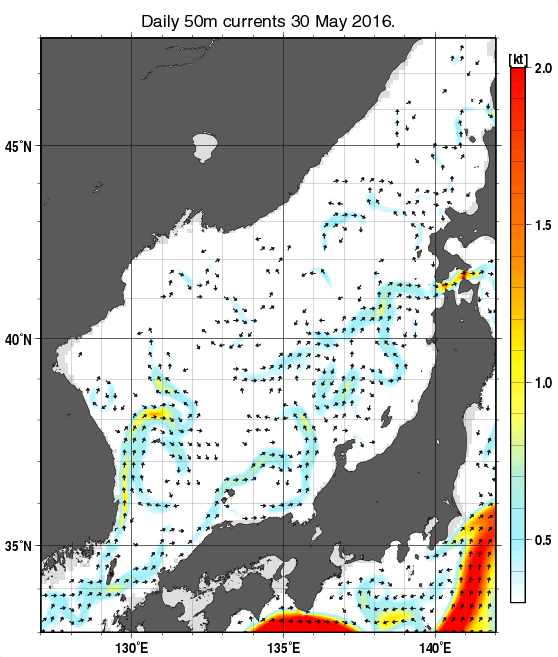 日本海の深さ50mの海流分布図（5月30日）