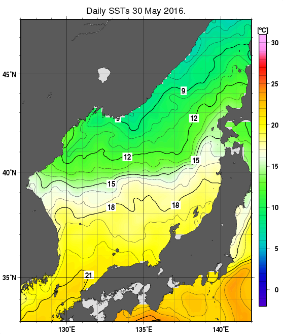 日本海の海面水温分布図（5月30日）
