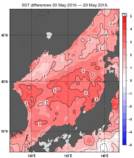 日本海の10日間の海面水温変化量分布図（5月30日）