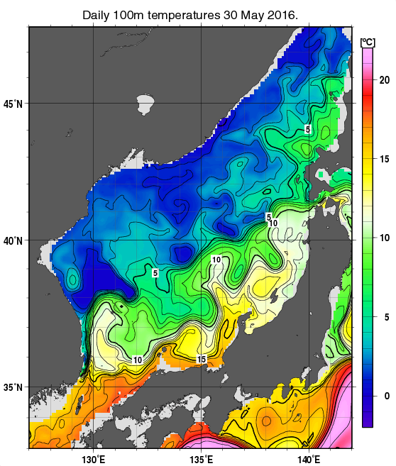 日本海の深さ100mの水温分布図（5月30日）