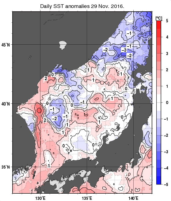日本海の海面水温平年差分布図（11月29日）