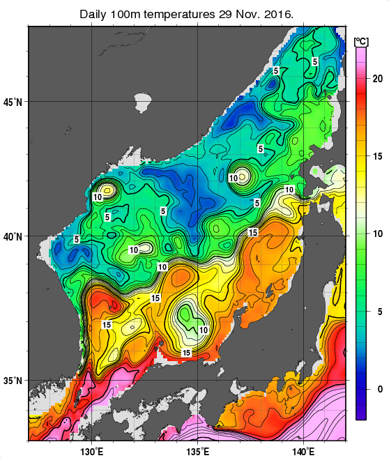 日本海の深さ100mの水温分布図（11月29日）