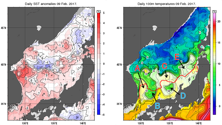日本海の海面水温平年差分布図および深さ100mの水温分布図（2月9日）