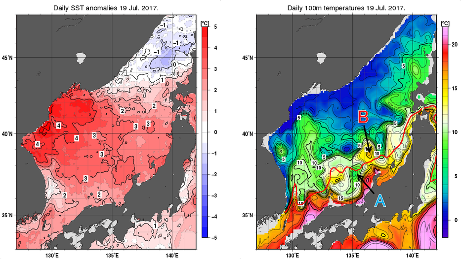 日本海の海面水温平年差分布図および深さ100mの水温分布図（7月19日）