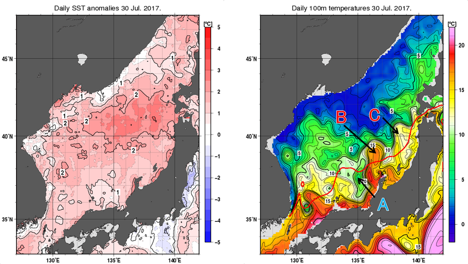 日本海の海面水温平年差分布図および深さ100mの水温分布図（7月30日）