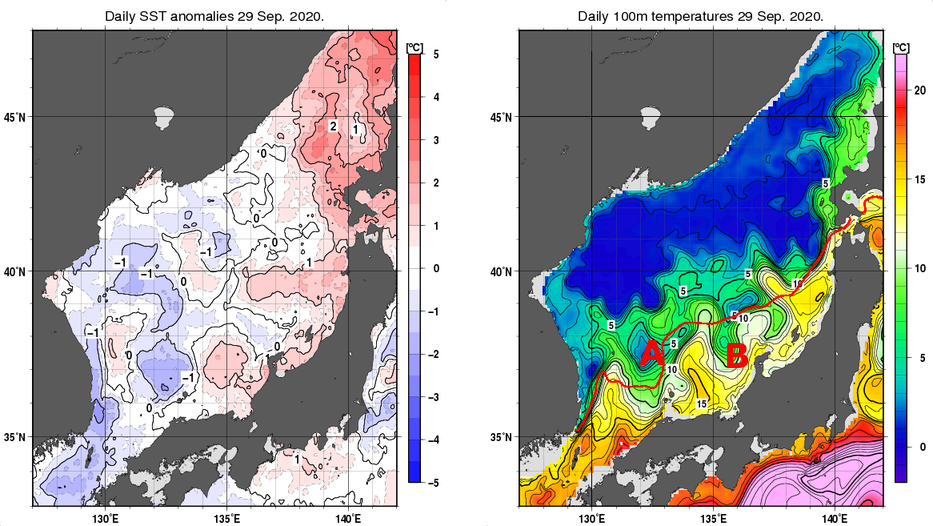 日本海の海面水温平年差分布図および深さ100mの水温分布図（9月29日）