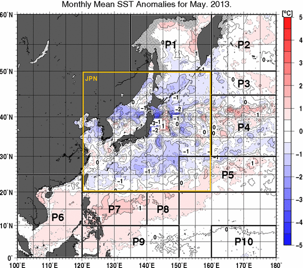 北西太平洋の月平均海面水温平年差分布図（2013年5月）