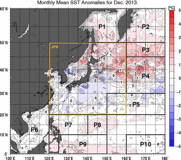 北西太平洋の月平均海面水温平年差分布図（2013年12月）