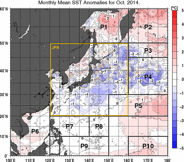 北西太平洋の月平均海面水温平年差分布図（2014年10月）