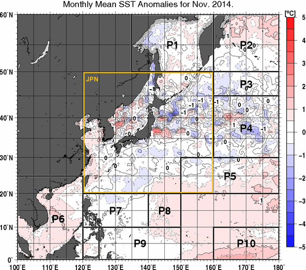 北西太平洋の月平均海面水温平年差分布図（2014年11月）